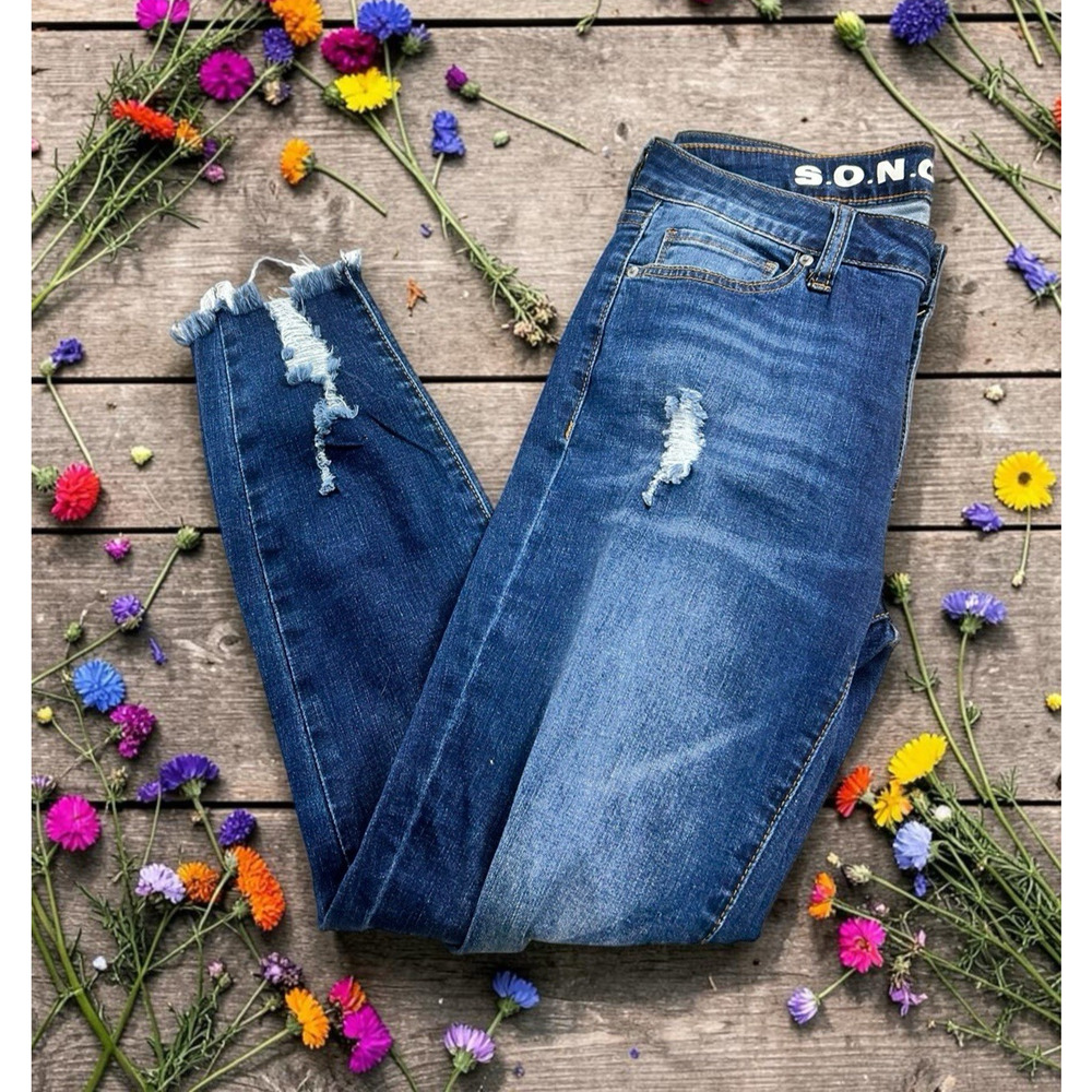S.O.N.G Perfect Mid-Rise Skinny Ankle Jeans Sz 9/29 Torn Distressed Stretch